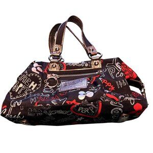 Coach Poppy Black Fabric Handbag With Red Interior & Graphic Design Zipper Closu